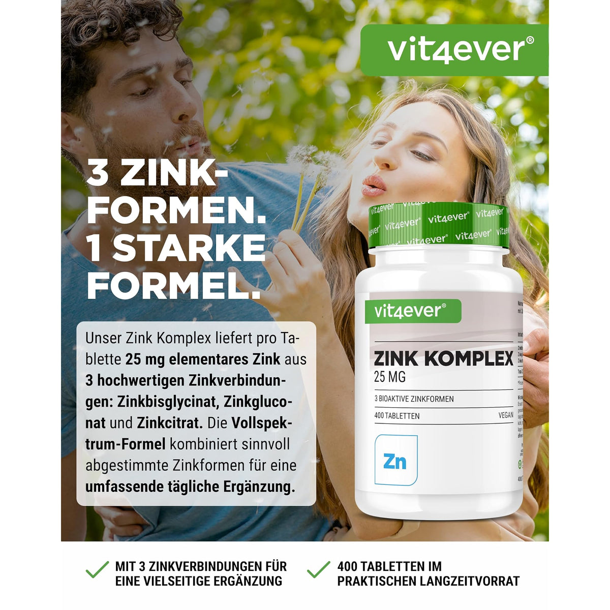 Vit4ever Zink Complex 25 mg (Zinkbisglycinat, Zinkgluconat, Zinkcitrat) 400 Tabletten – Etikett mit Inhaltsstoffen und Dosierung
