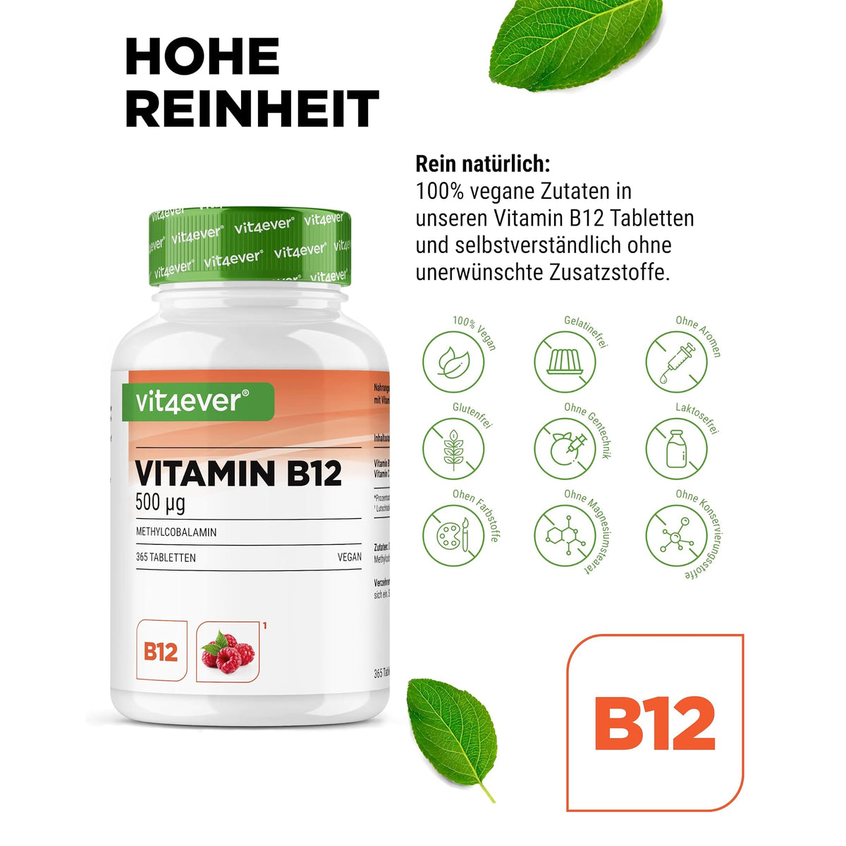 Vit4ever Vitamin B12 500 µg Himbeere (Methylcobalamin) 365 Lutschtabletten – Nährwerte und Zutaten auf der Verpackung