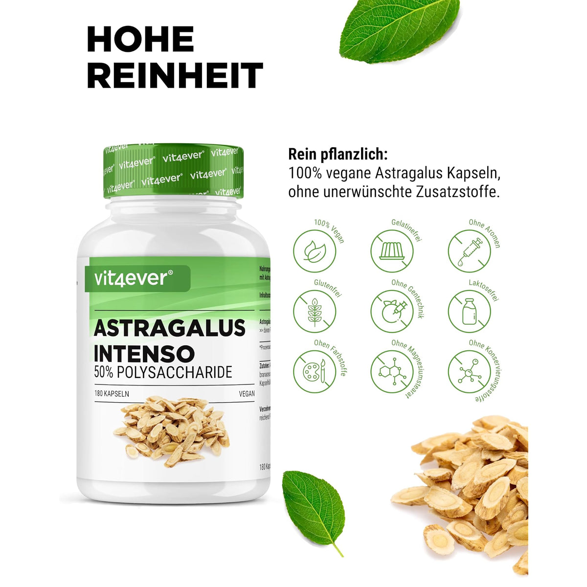 Vit4ever Astragalus-Extrakt 50% Polysaccharide 180 Kapseln – Nährwerte und Zutaten auf der Verpackung