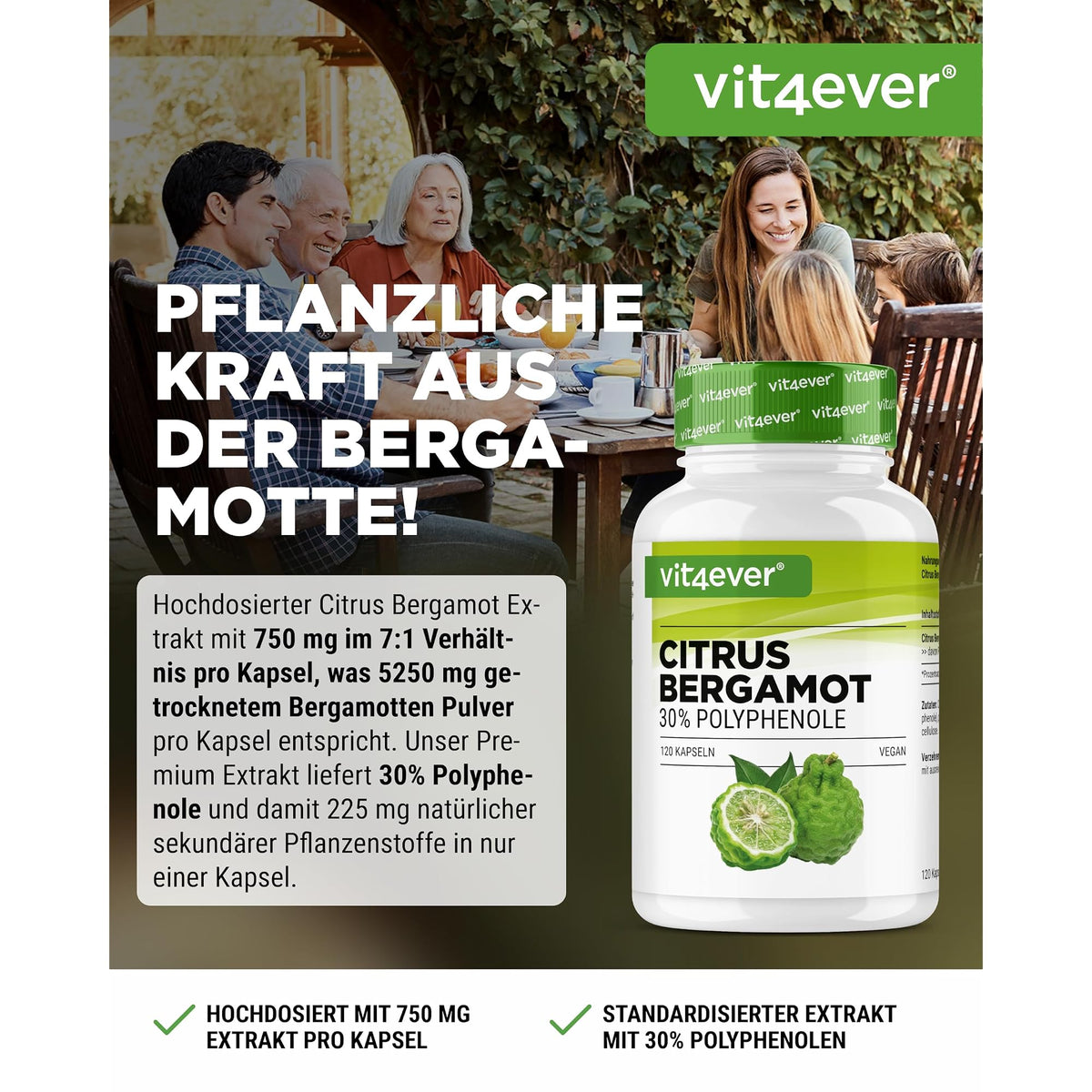 Vit4ever Citrus Bergamot 750 mg 30% Polyphenole 120 Kapseln – Etikett mit Inhaltsstoffen und Dosierung