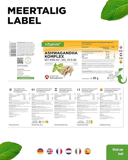 Ashwagandha KSM-66 Complex (mit Magnesium, Zink & B6) | 180 Kapseln | Vit4ever