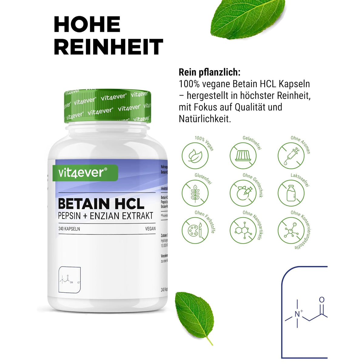 Vit4ever Betain HCL 650mg mit Pepsin & Bitterem Enzian 240 Kapseln – Nährwerte und Zutaten auf der Verpackung