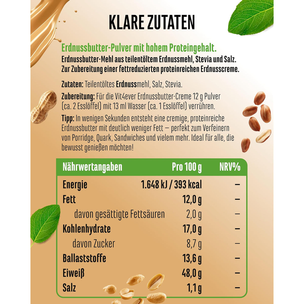 Vit4ever Erdnussbutter-Pulver Light 85% Weniger Fett 500 g – Etikett mit Inhaltsstoffen und Dosierung