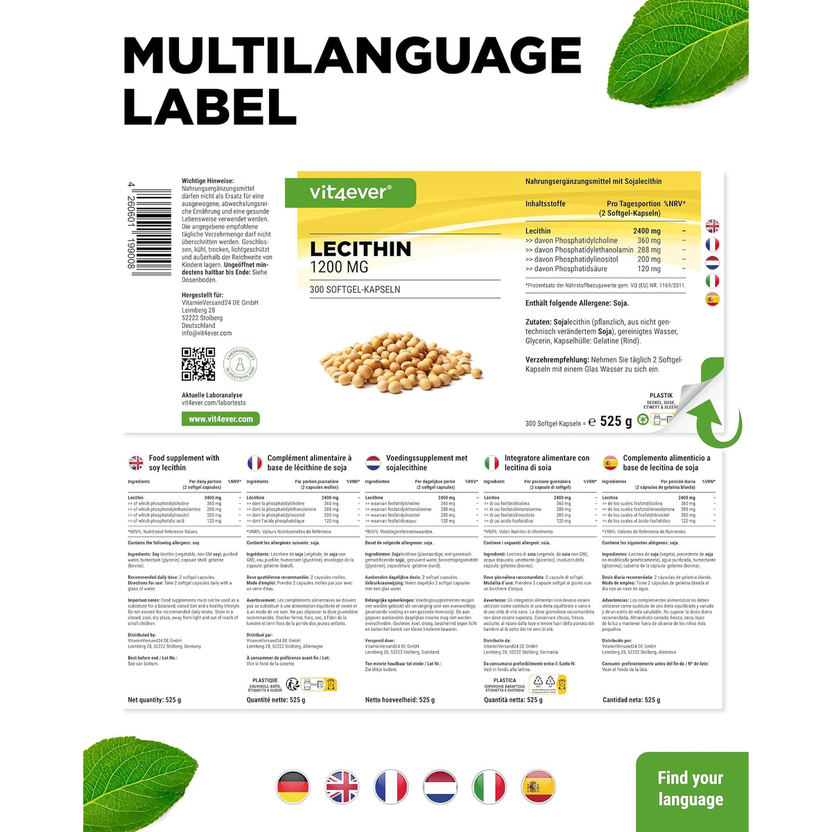 Vit4ever Lecithin 1200 mg 300 Softgels – Verpackung Rückseite