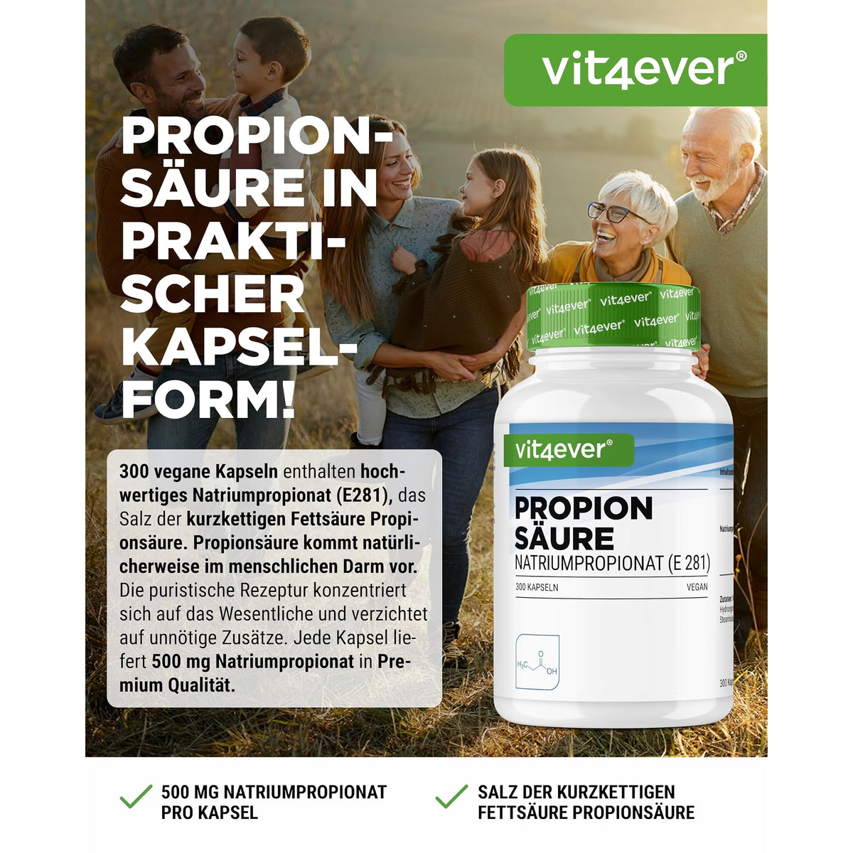Vit4ever Propionsäure 500 mg 300 Kapseln – Etikett mit Inhaltsstoffen und Dosierung