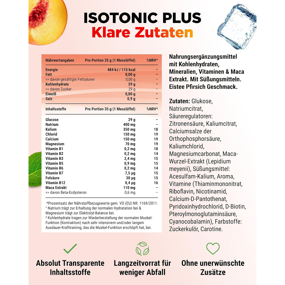 Vit4ever Isotonic Plus Elektrolyte + B-Vitamine Eistee Pfirsich 1050 g – Produktdetail des Etiketts