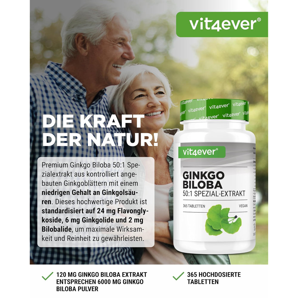 Vit4ever Ginkgo Biloba 50:1 Extrakt 365 Tabletten – Etikett mit Inhaltsstoffen und Dosierung