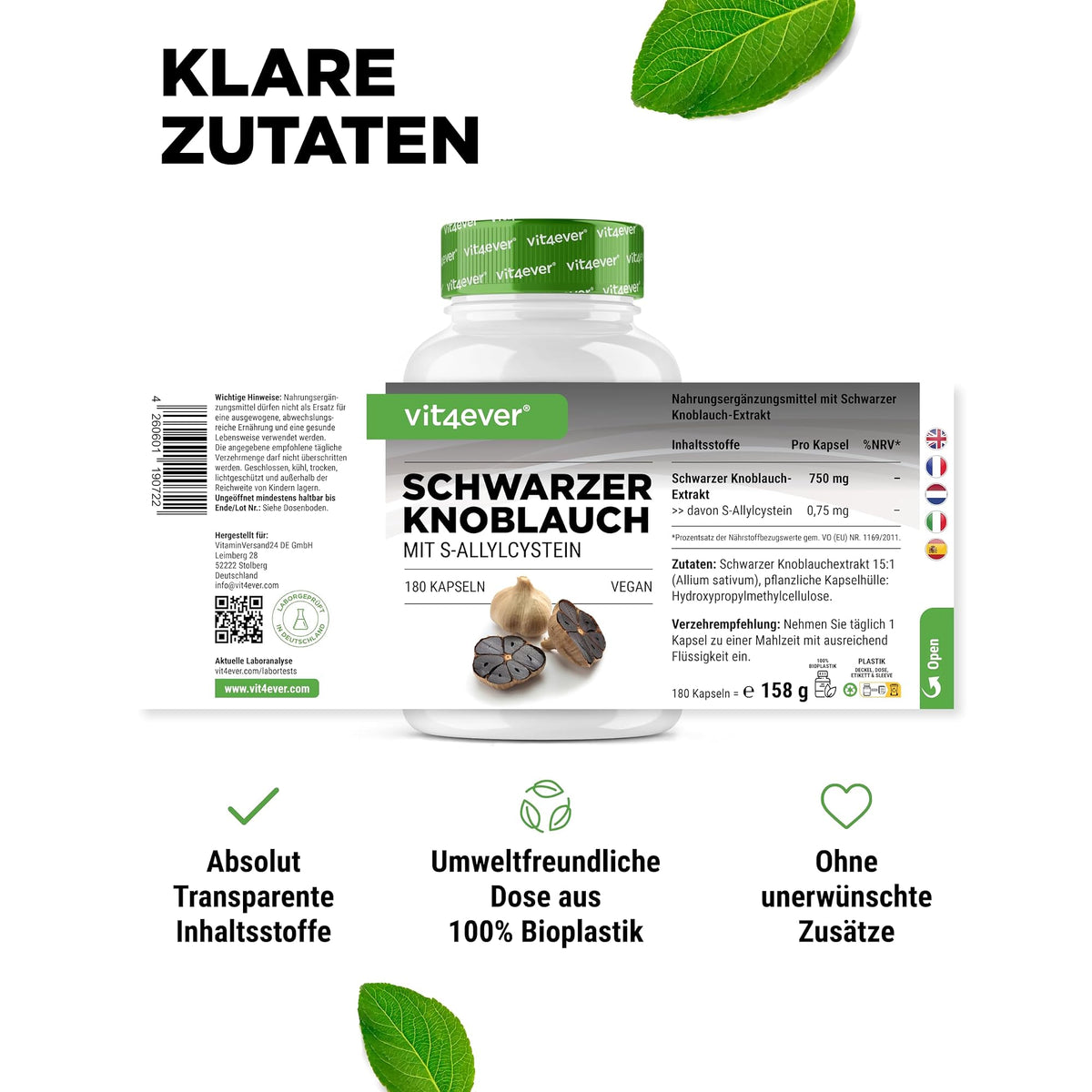 Vit4ever Schwarzer Knoblauch Extrakt 15:1 mit S-Allylcystein 180 Kapseln – empfohlene Anwendung und Einnahme