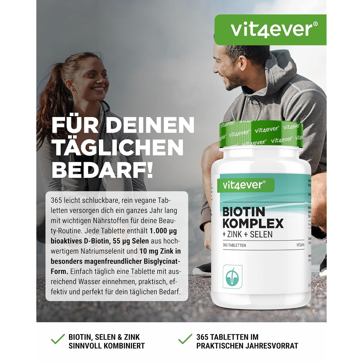 Vit4ever Biotin 10.000 µg mit Selen & Zink 365 Tabletten – Etikett mit Inhaltsstoffen und Dosierung