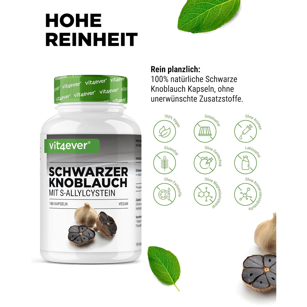 Vit4ever Schwarzer Knoblauch Extrakt 15:1 mit S-Allylcystein 180 Kapseln – Nährwerte und Zutaten auf der Verpackung