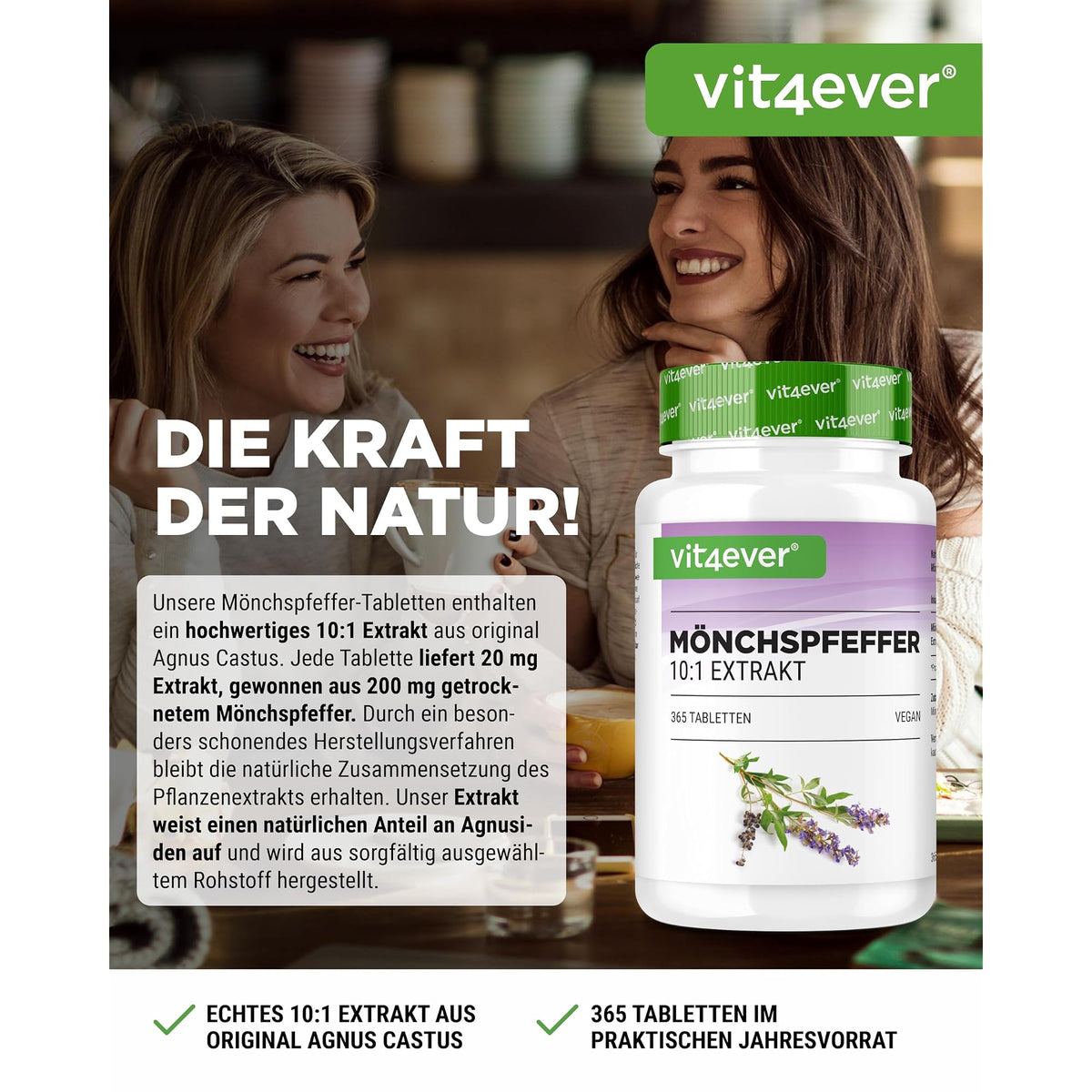 Vit4ever Mönchspfeffer Extrakt 365 Tabletten – Etikett mit Inhaltsstoffen und Dosierung