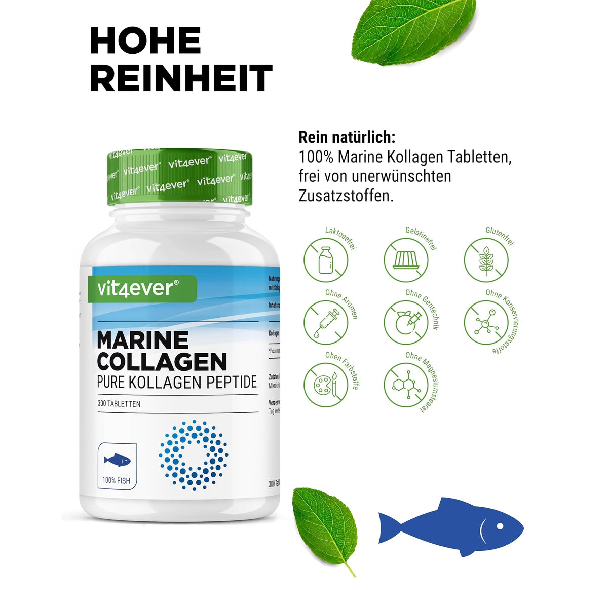 Vit4ever Marine Kollagen 3000mg (Fisch-Kollagen) 300 Tabletten – Nährwerte und Zutaten auf der Verpackung