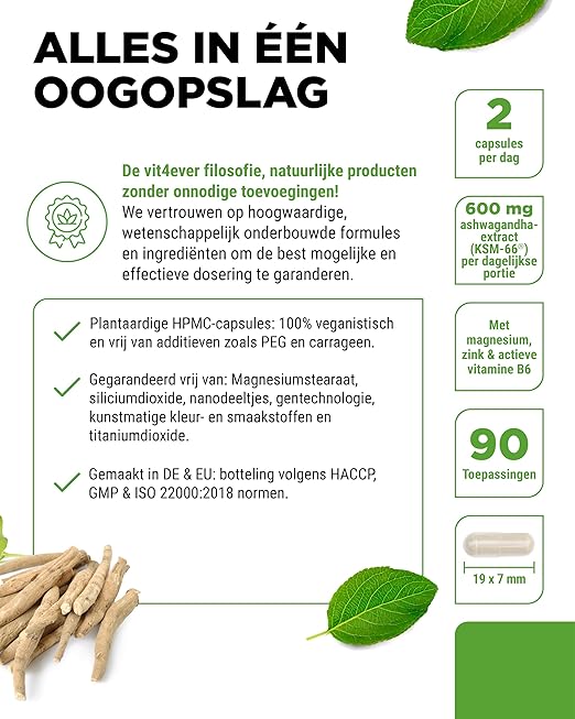 Ashwagandha KSM-66 Complex (mit Magnesium, Zink & B6) | 180 Kapseln | Vit4ever