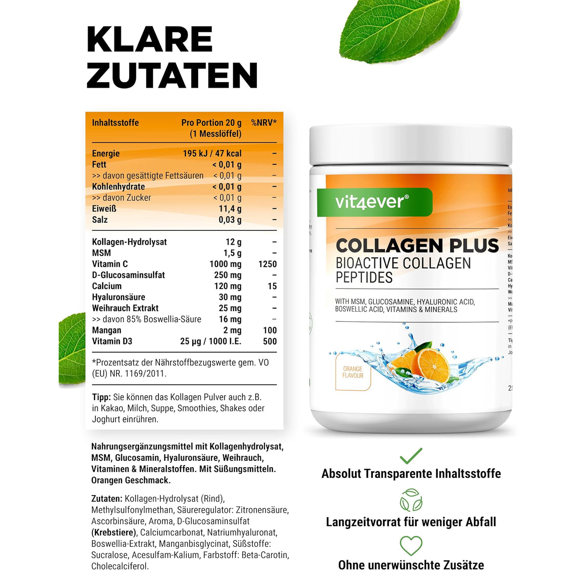 Vit4ever Collagen Plus Orange 500 g – Verpackung Rückseite