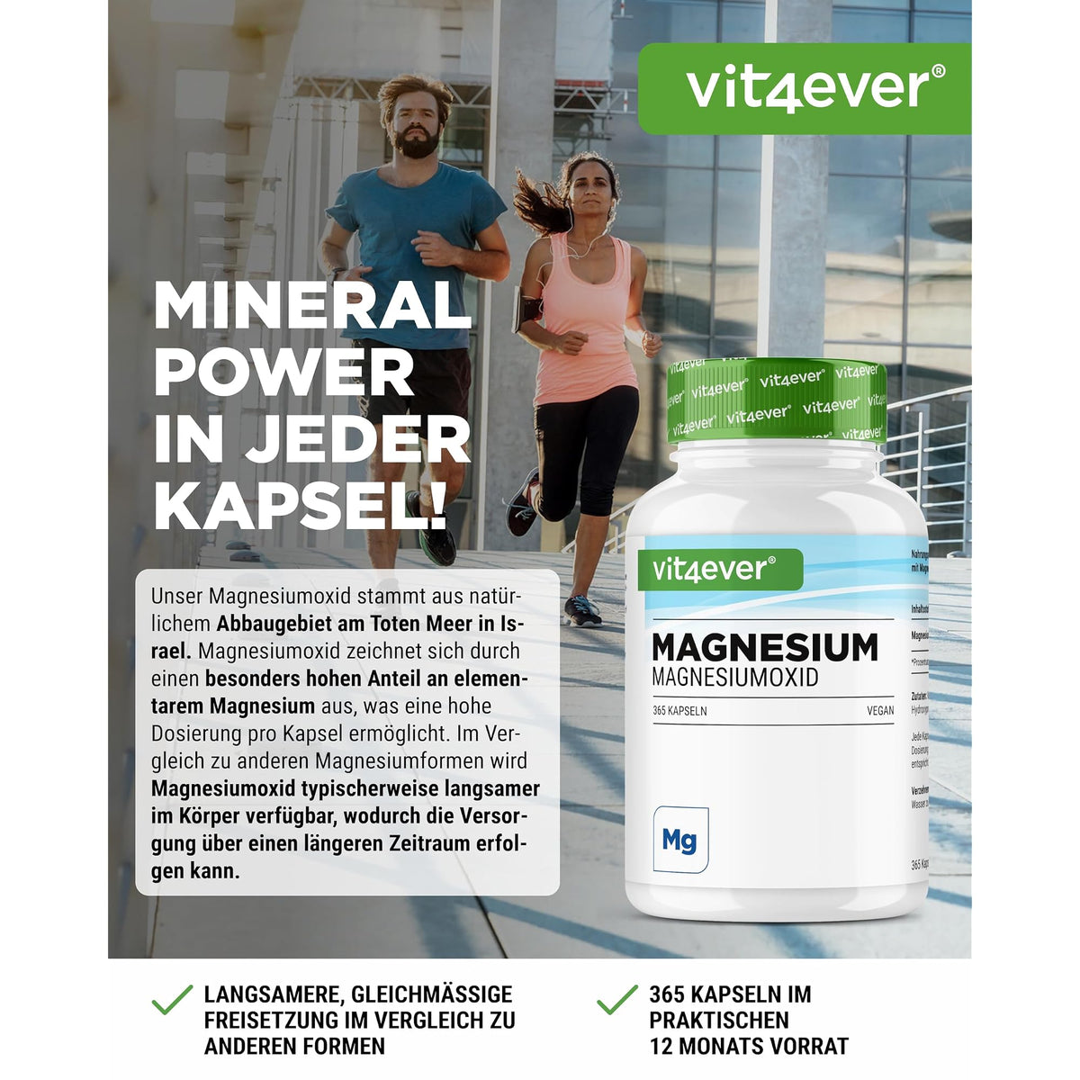 Vit4ever Magnesiumoxid 400 mg 365 Kapseln – Etikett mit Inhaltsstoffen und Dosierung