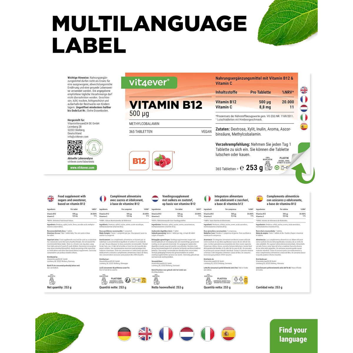 Vit4ever Vitamin B12 500 µg Himbeere (Methylcobalamin) 365 Lutschtabletten – Verpackung Rückseite
