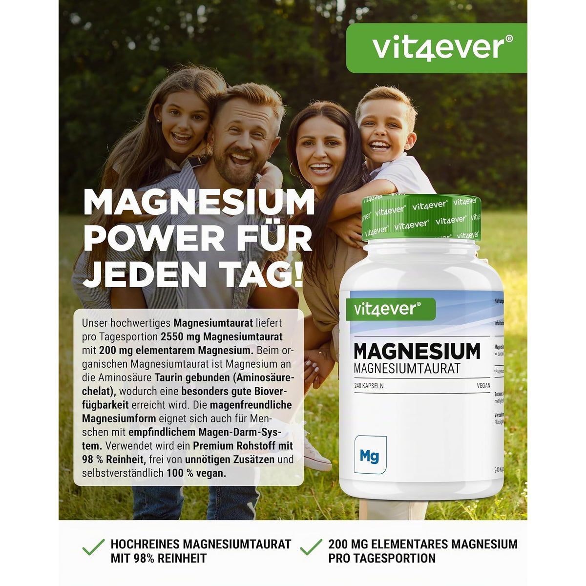 Vit4ever Magnesiumtaurat 200 mg 240 Kapseln – Etikett mit Inhaltsstoffen und Dosierung