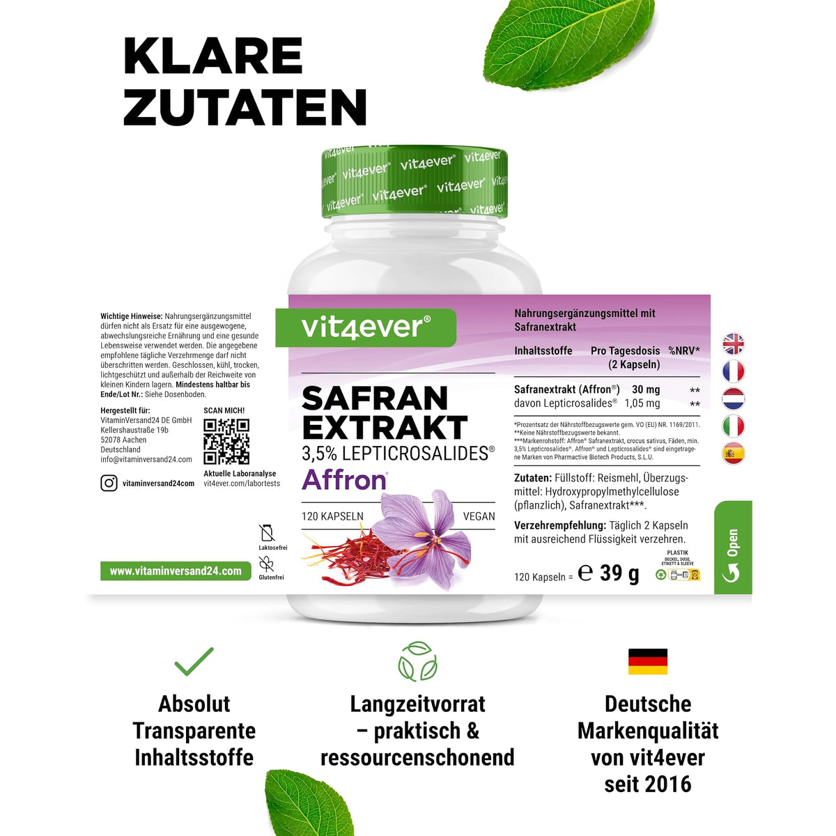 Vit4ever Safran-Extrakt Affron 30mg 120 Kapseln – Produktdetail des Etiketts