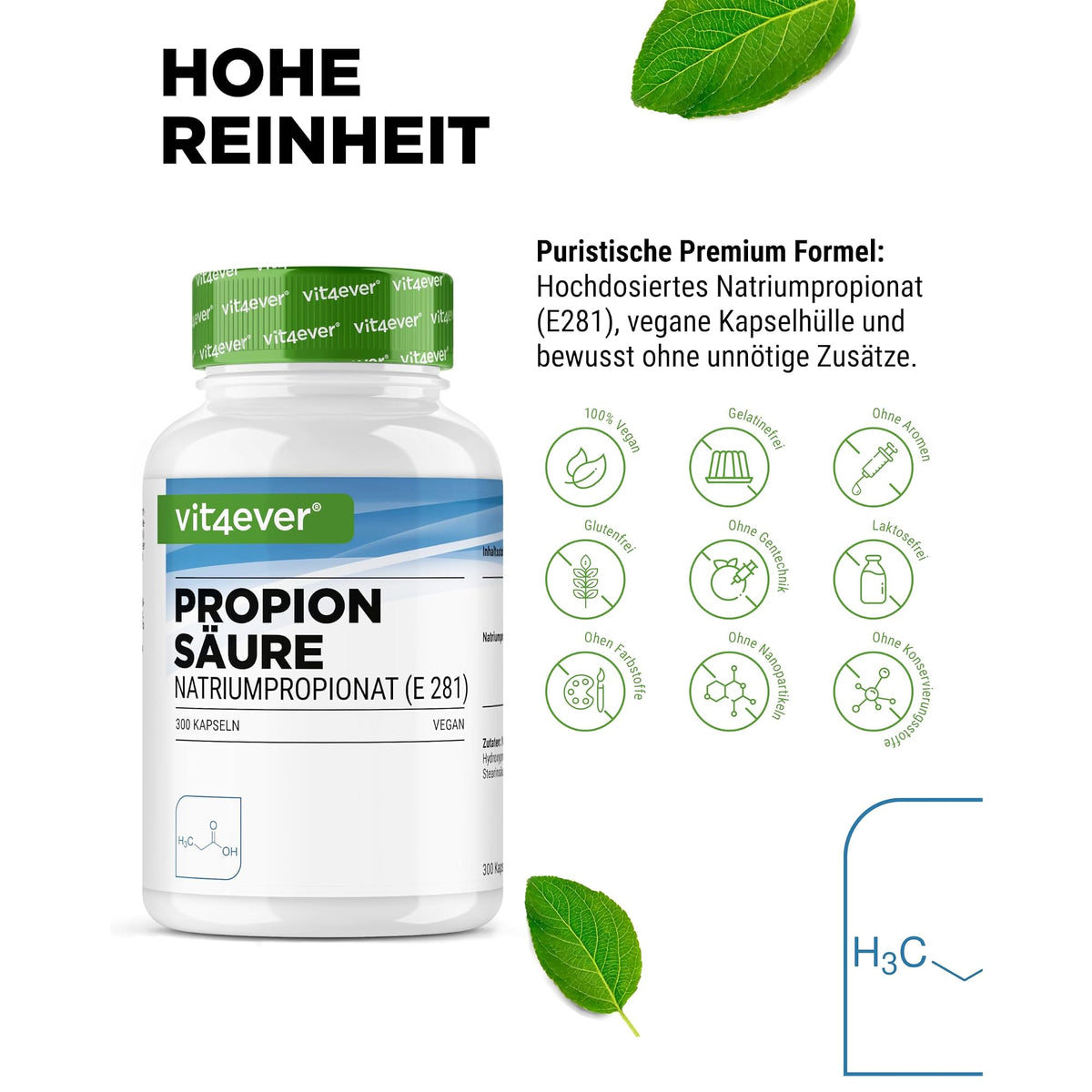 Vit4ever Propionsäure 500 mg 300 Kapseln – Nährwerte und Zutaten auf der Verpackung