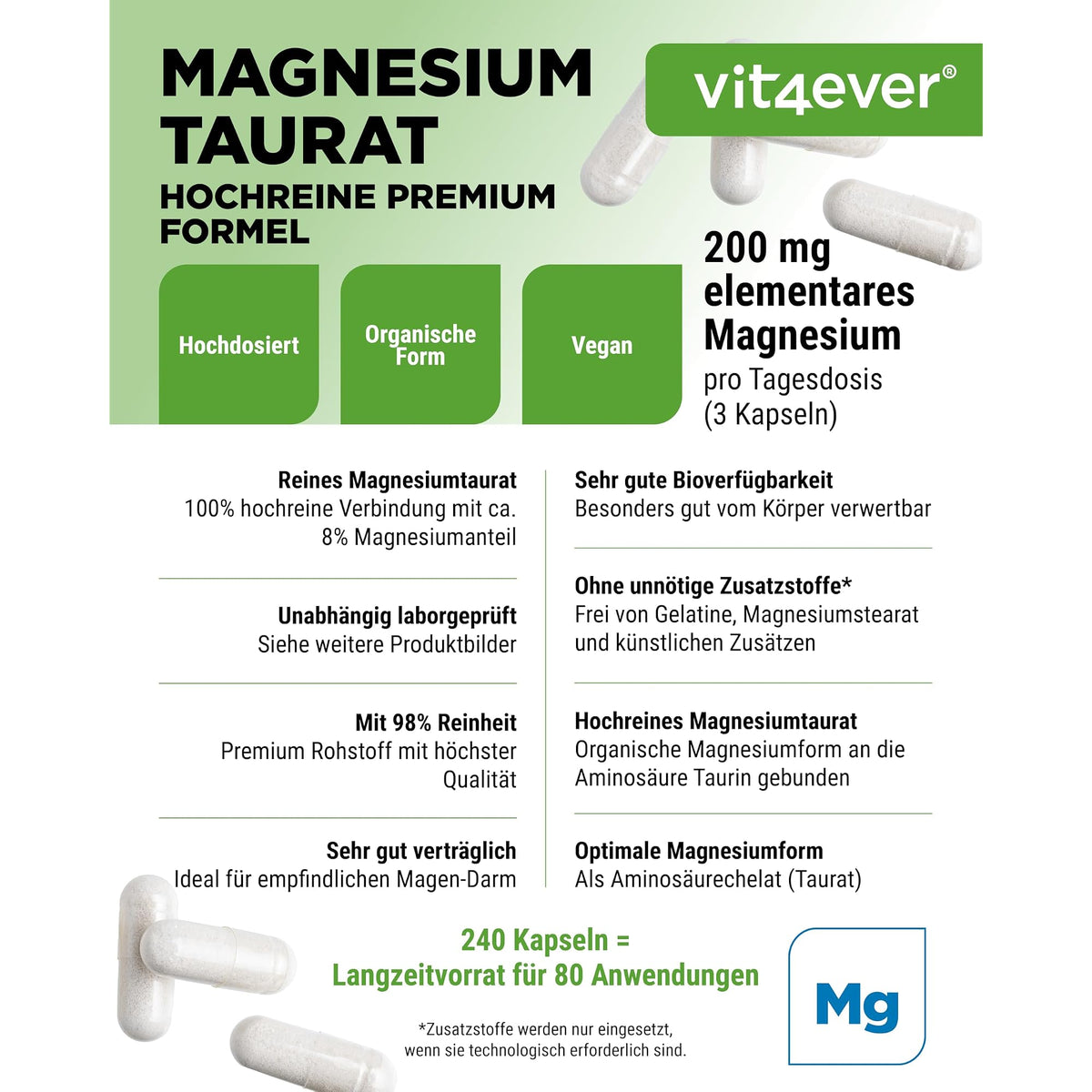 Vit4ever Magnesiumtaurat 200 mg 240 Kapseln – Nährwerte und Zutaten auf der Verpackung