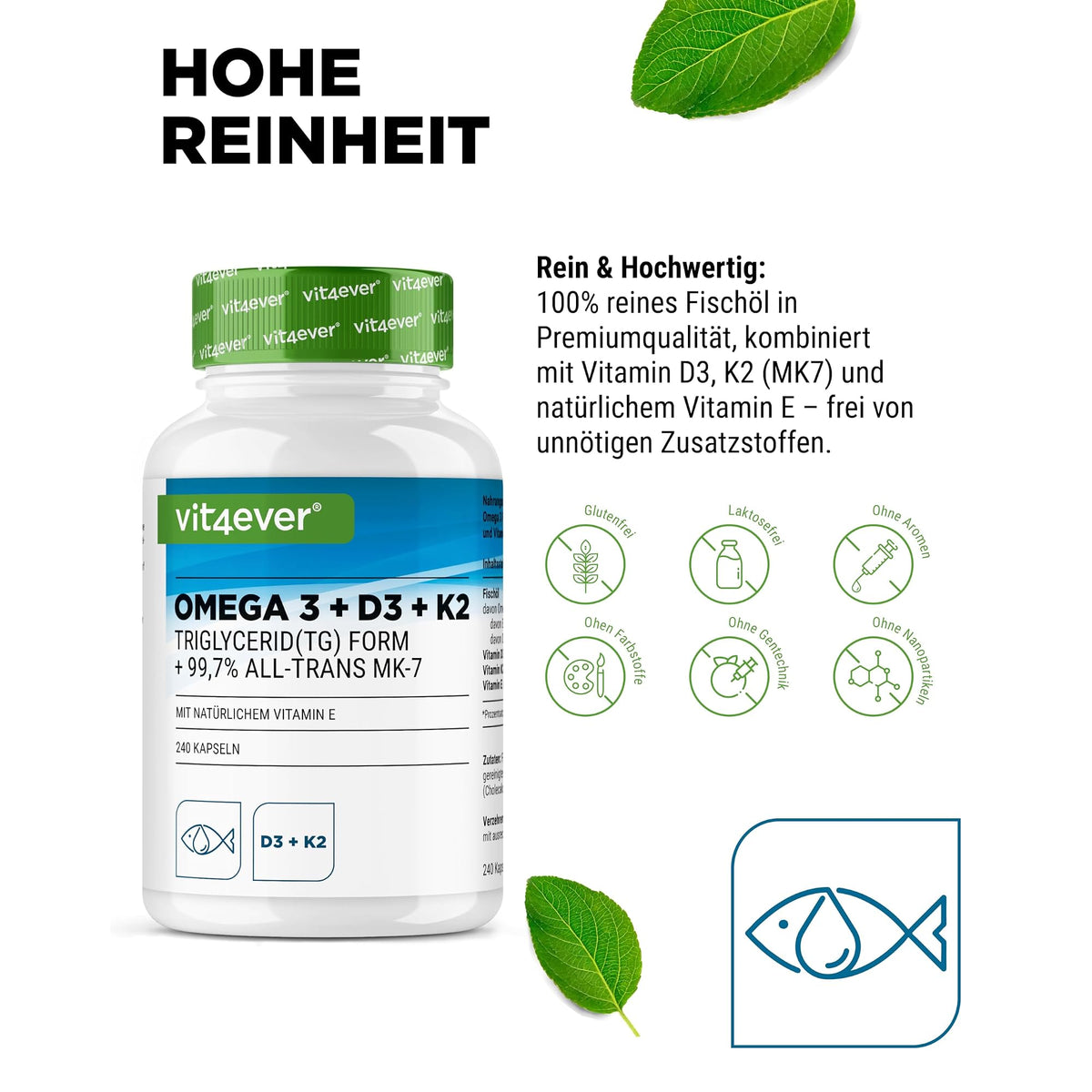 Vit4ever Omega 3 + D3 + K2 Complex 240 Kapseln – Nährwerte und Zutaten auf der Verpackung