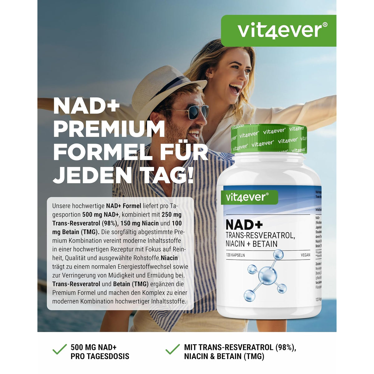 Vit4ever NAD+ mit Trans-Resveratrol, Niacin & Betain 120 Kapseln – Etikett mit Inhaltsstoffen und Dosierung
