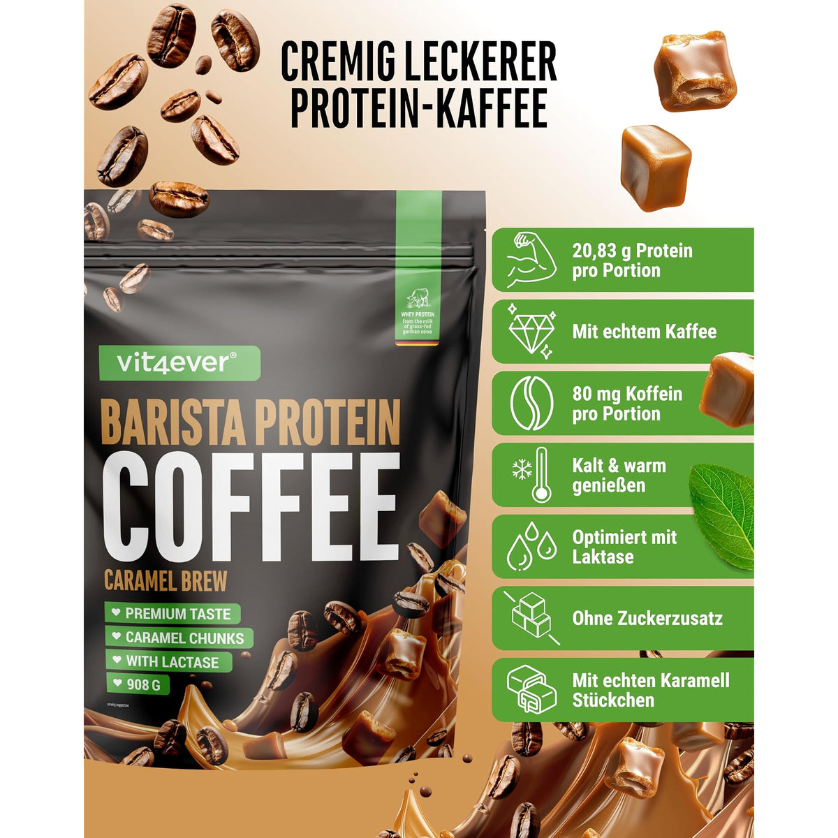 Vit4ever Barista Whey Caramel 908 g – Etikett mit Inhaltsstoffen und Dosierung