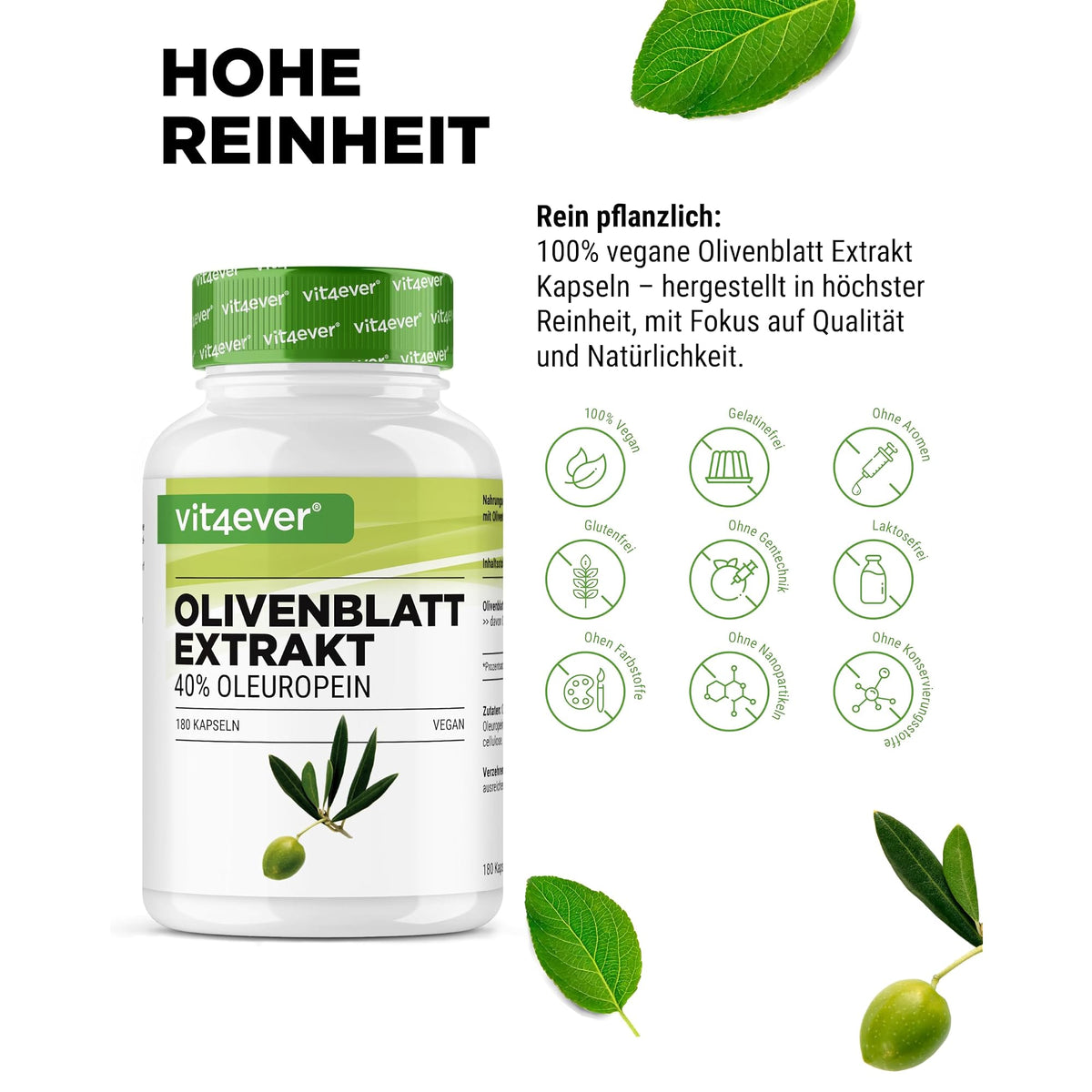 Vit4ever Olivenblattextrakt 650mg (40% Oleuropein) 180 Kapseln – Nährwerte und Zutaten auf der Verpackung