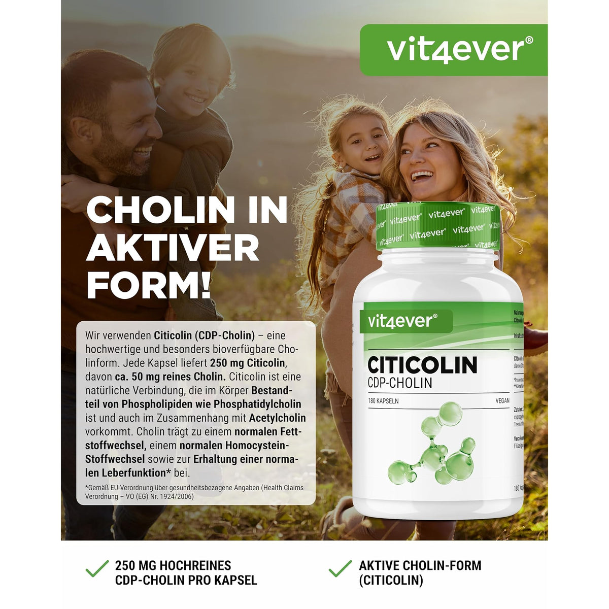 Vit4ever CDP-Cholin (Citicolin) 180 Kapseln – Etikett mit Inhaltsstoffen und Dosierung