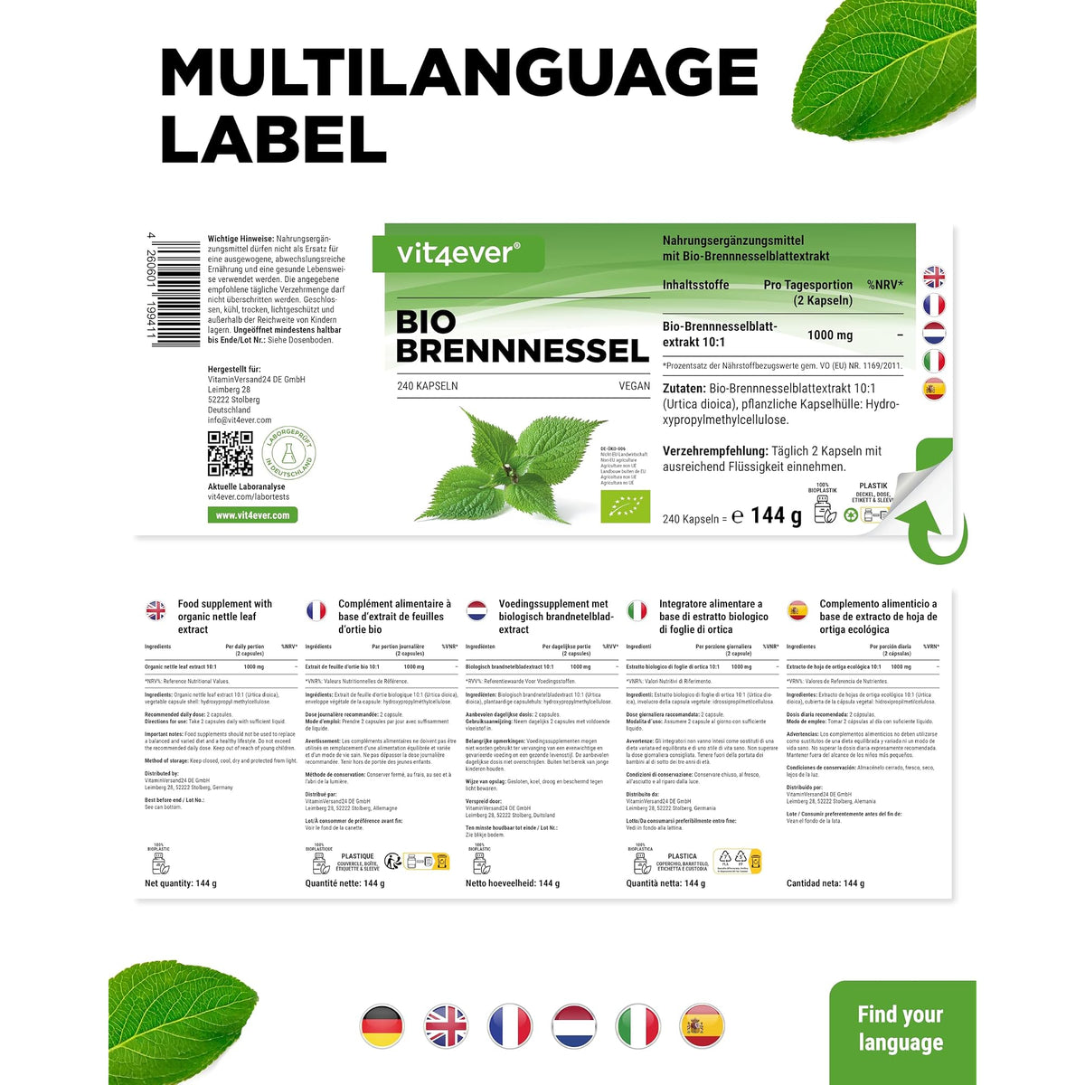 Vit4ever Bio Brennnessel-Extrakt 10:1 240 Kapseln – Verpackung Rückseite