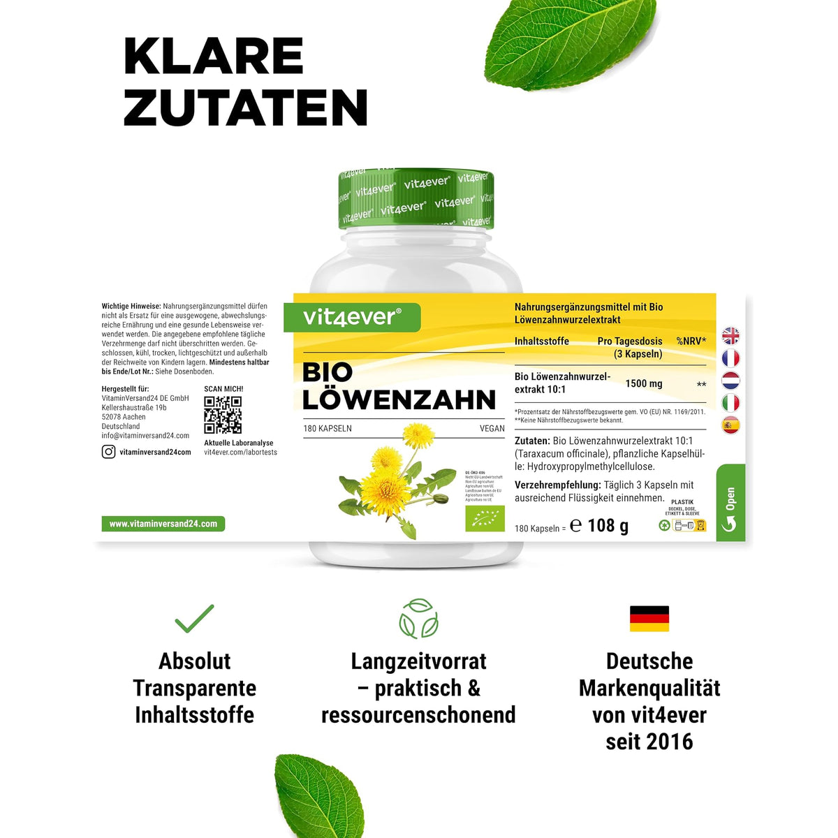 Vit4ever Bio Löwenzahnwurzel-Extrakt 10:1 240 Kapseln – empfohlene Anwendung und Einnahme