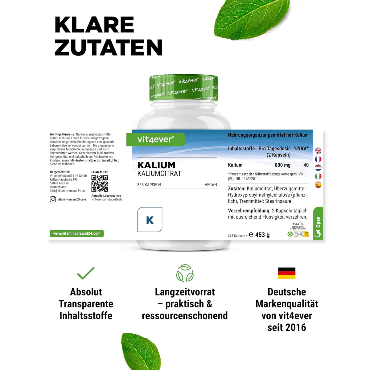 Vit4ever Kaliumcitrat 800 mg 365 Kapseln – empfohlene Anwendung und Einnahme