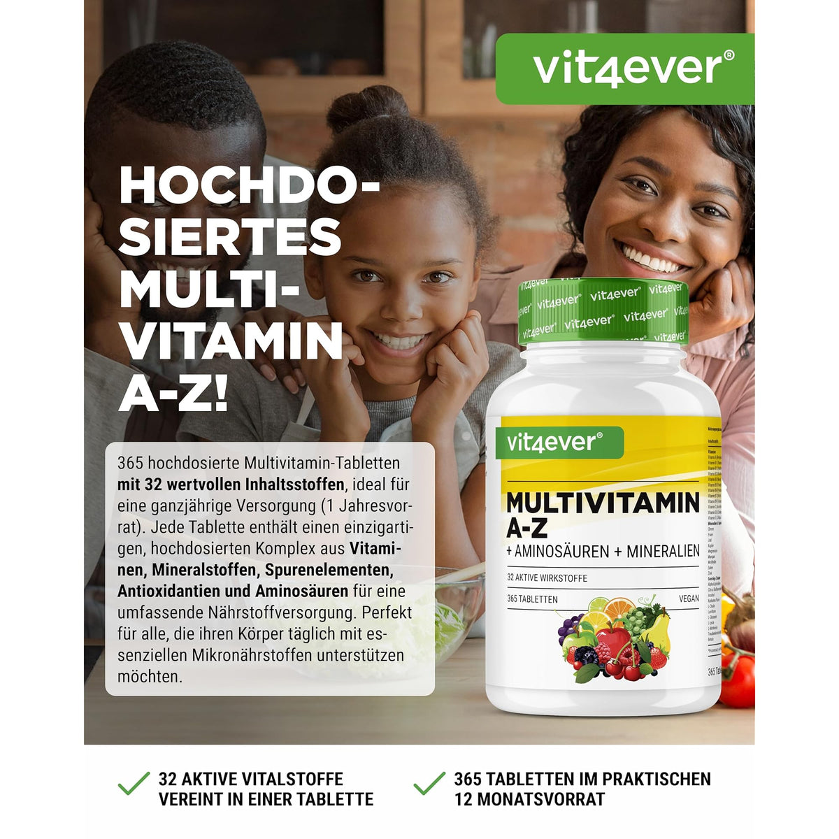 Vit4ever Multivitamin A-Z + Aminosäuren + Mineralien 365 Tabletten – Etikett mit Inhaltsstoffen und Dosierung