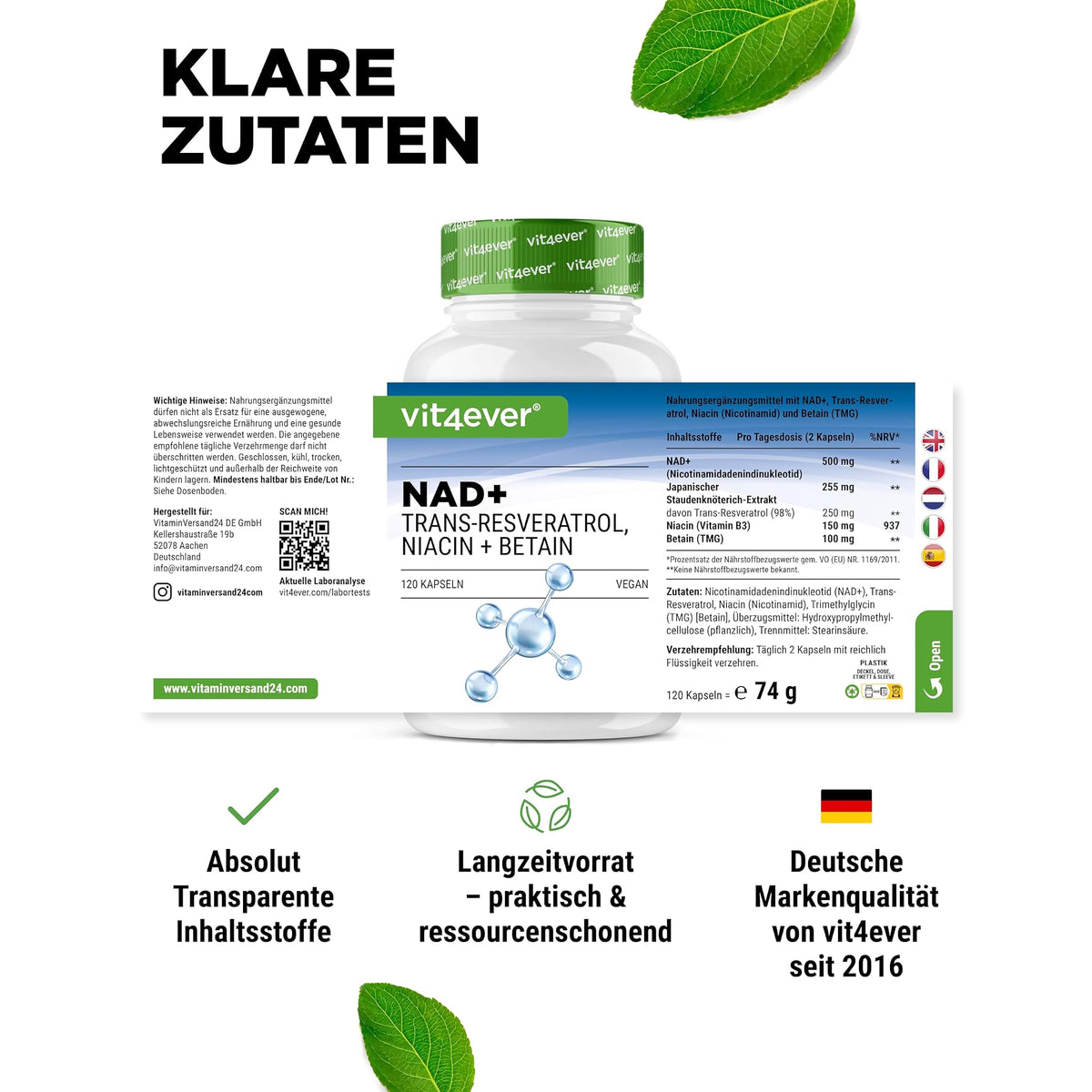 Vit4ever NAD+ mit Trans-Resveratrol, Niacin & Betain 120 Kapseln – Verpackung Rückseite
