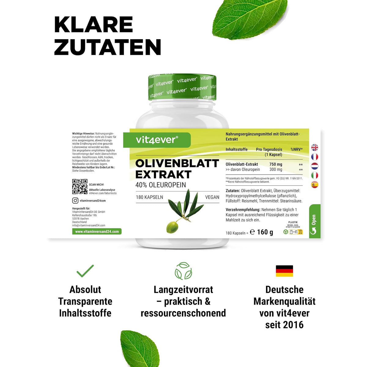Vit4ever Olivenblattextrakt 650mg (40% Oleuropein) 180 Kapseln – empfohlene Anwendung und Einnahme