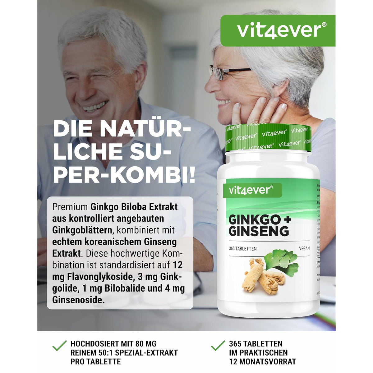 Vit4ever Ginkgo + Ginseng 50:1 Extrakt 365 Tabletten – Etikett mit Inhaltsstoffen und Dosierung