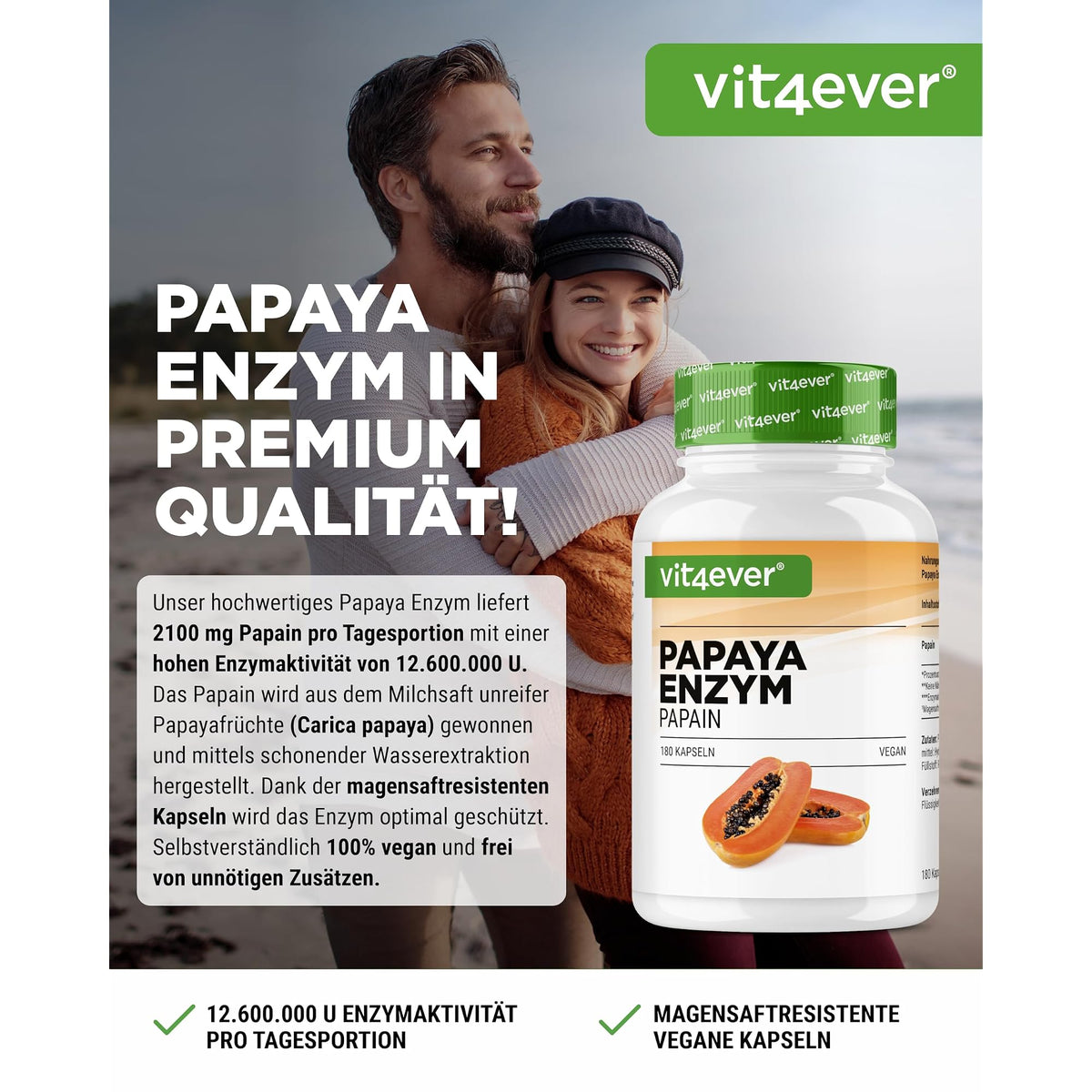 Vit4ever Papaya Enzym 180 Kapseln – Etikett mit Inhaltsstoffen und Dosierung
