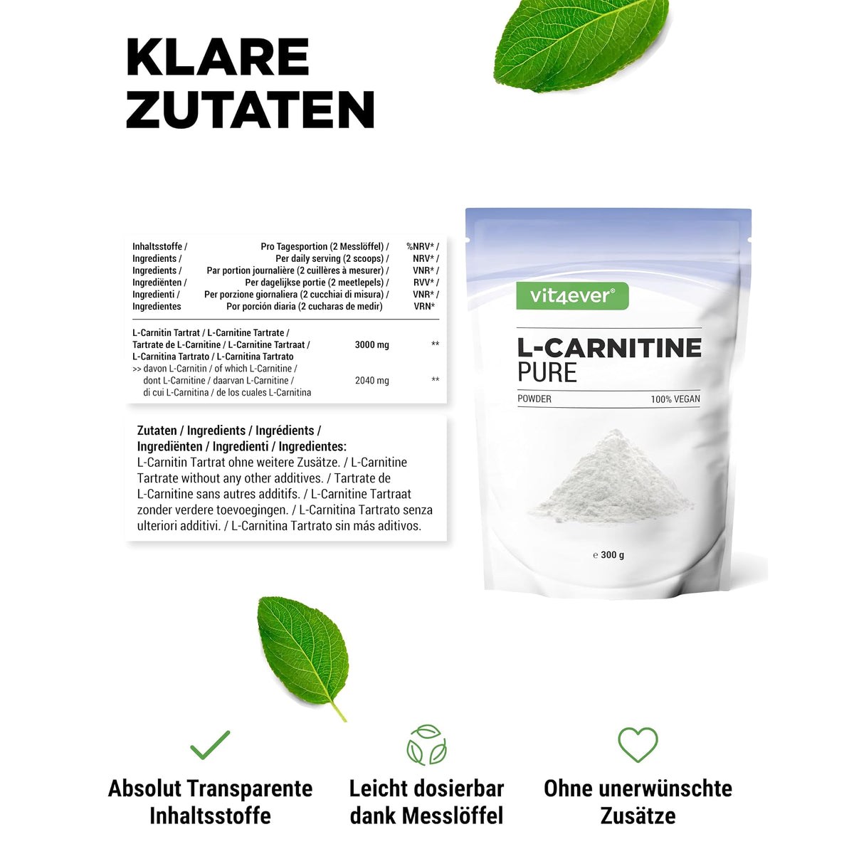 Vit4ever L-Carnitin Pulver Tartrat 300 Gramm – empfohlene Anwendung und Einnahme