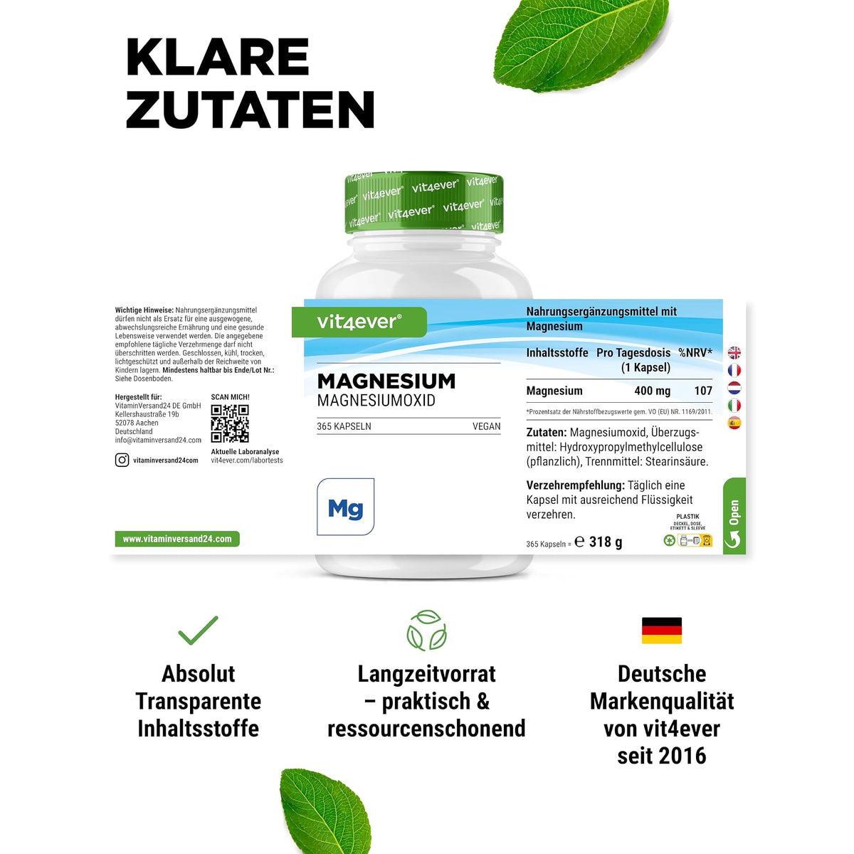 Vit4ever Magnesiumoxid 400 mg 365 Kapseln – Verpackung Rückseite