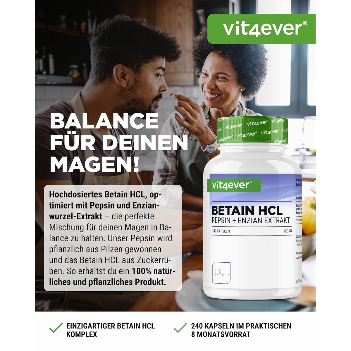 Vit4ever Betain HCL 650mg mit Pepsin & Bitterem Enzian 240 Kapseln – Etikett mit Inhaltsstoffen und Dosierung