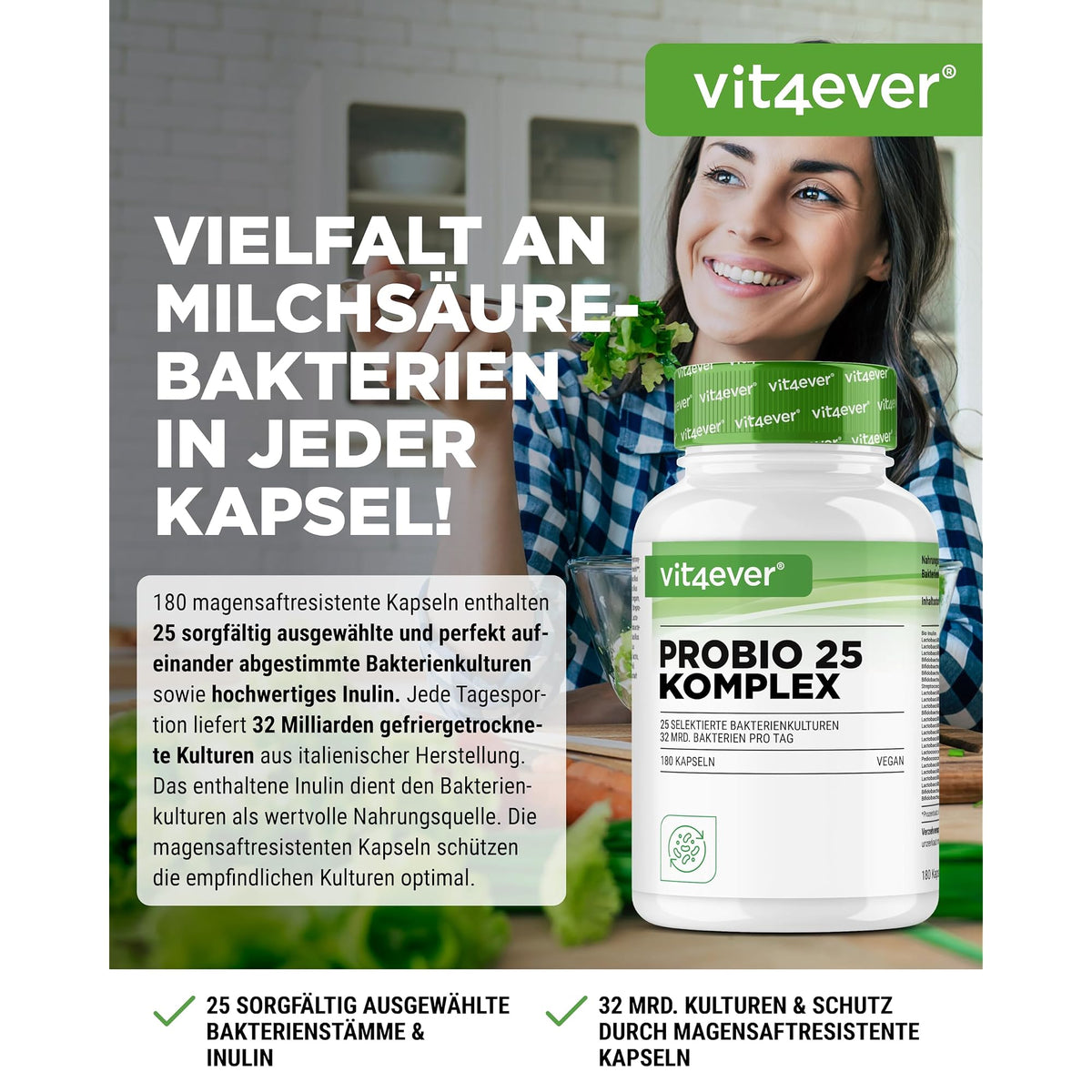 Vit4ever Probiotika Komplex (Probio 25) 25 Bakterienstämme + Bio-Inulin 180 Kapseln – Etikett mit Inhaltsstoffen und Dosierung