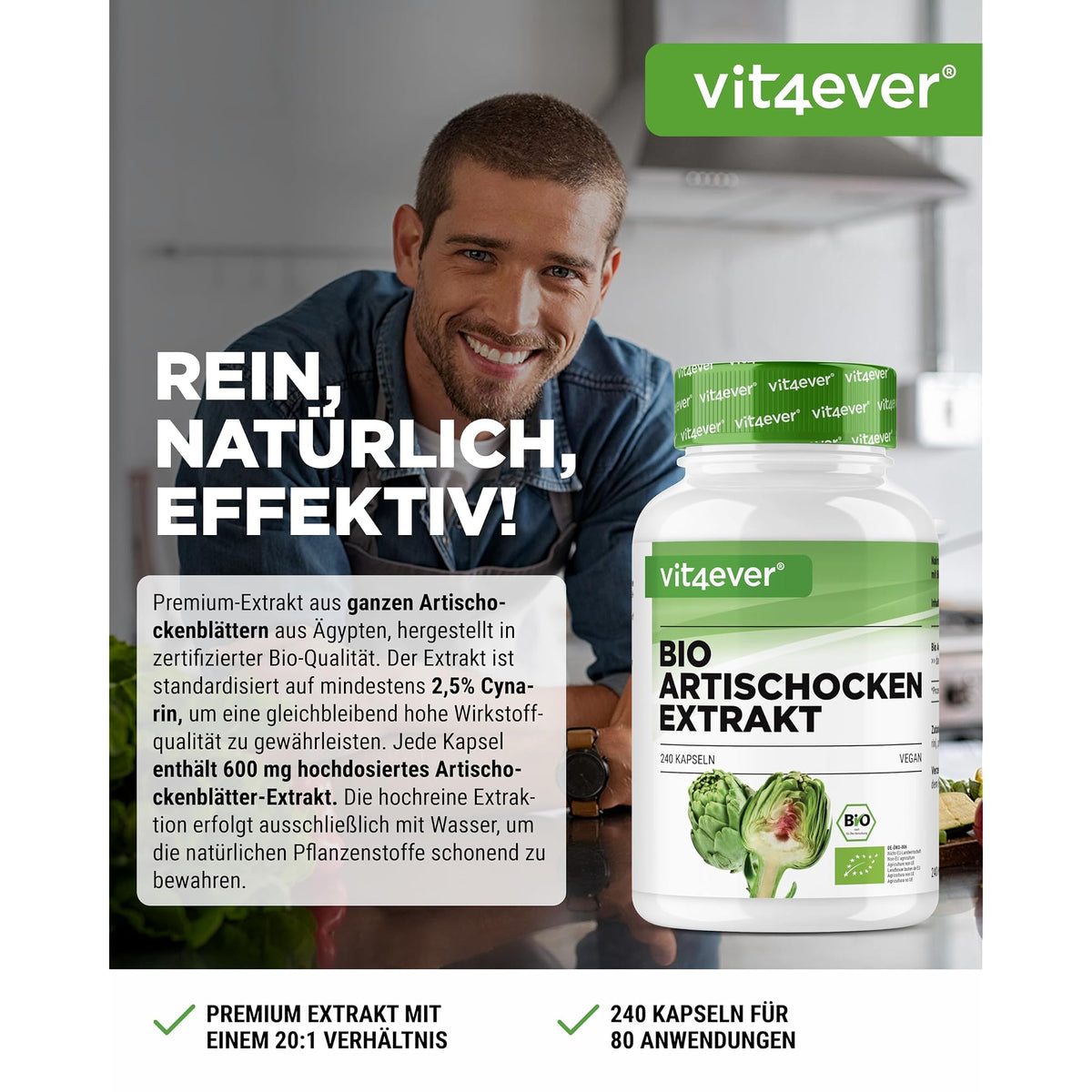 Vit4ever Bio Artischocken-Extrakt 20:1 240 Kapseln – Etikett mit Inhaltsstoffen und Dosierung