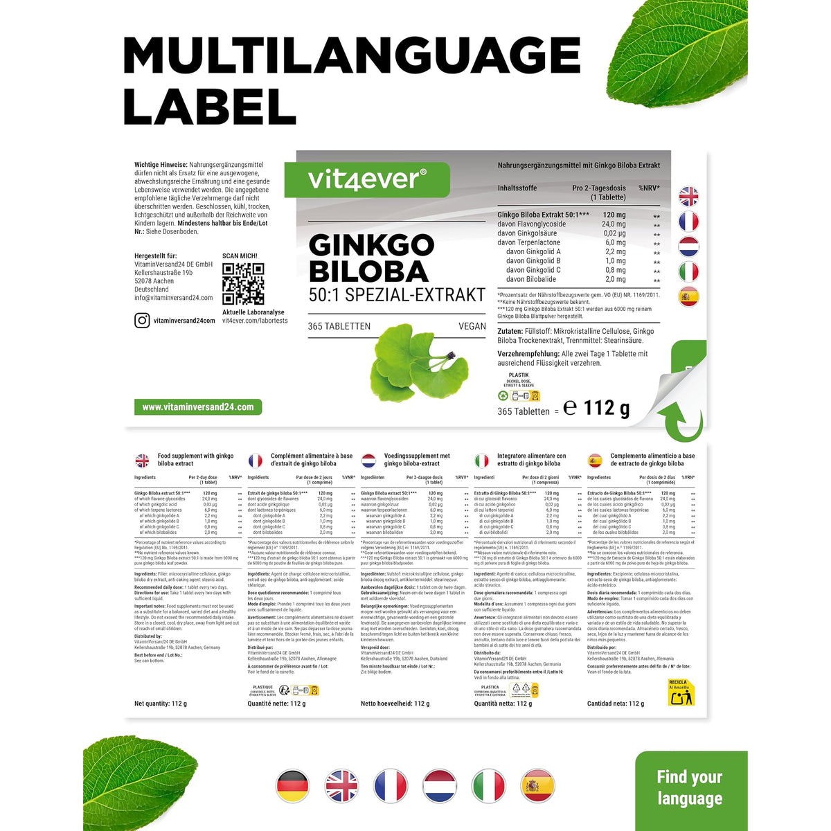 Vit4ever Ginkgo Biloba 50:1 Extrakt 365 Tabletten – Verpackung Rückseite