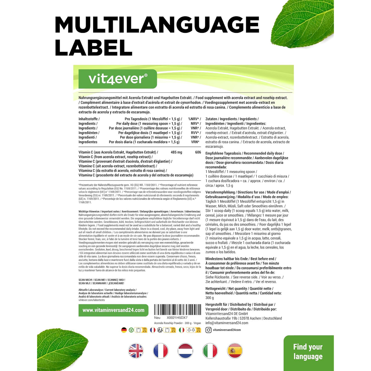 Vit4ever Acerola-Pulver natürliches Vitamin C 300 g – Verpackung Rückseite