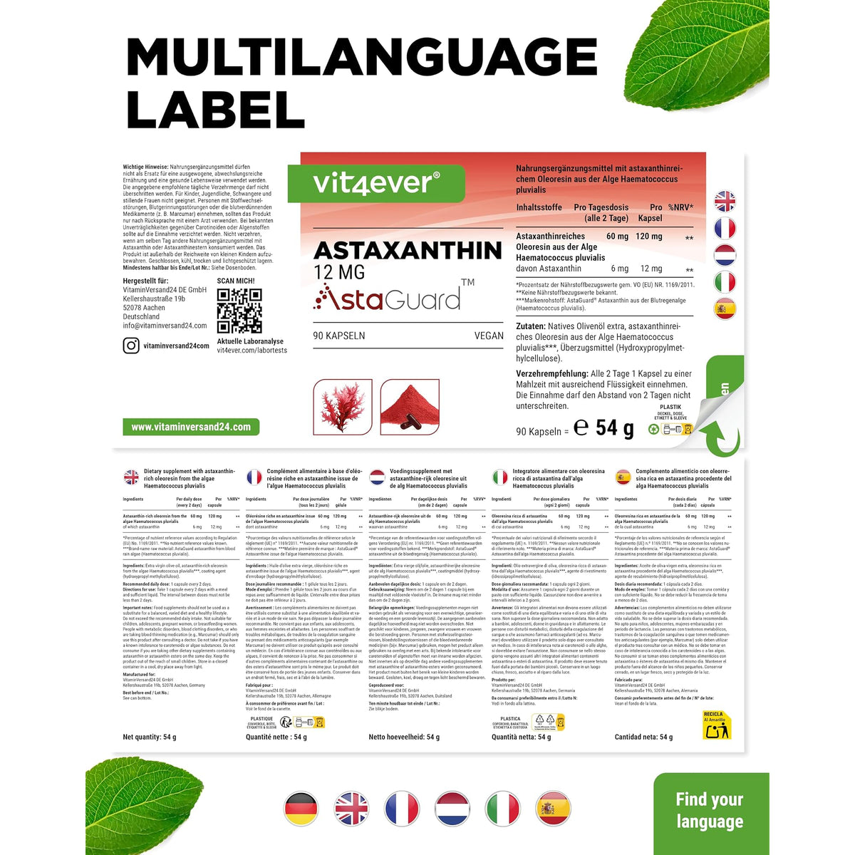 Vit4ever Astaxanthin 12mg AstaGuard® 90 Kapseln – Verpackung Rückseite
