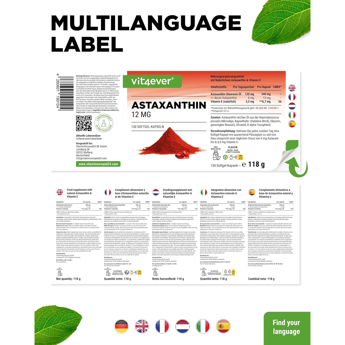 Vit4ever Astaxanthin 12mg 150 Softgels – Verpackung Rückseite