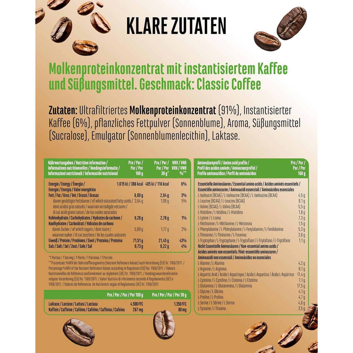 Vit4ever Barista Whey Classic 908 g – Etikett mit Inhaltsstoffen und Dosierung