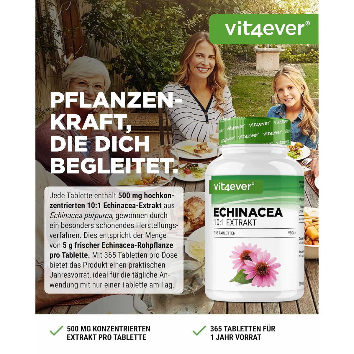 Vit4ever Echinacea Purpurea 500 mg 365 Tabletten – Etikett mit Inhaltsstoffen und Dosierung