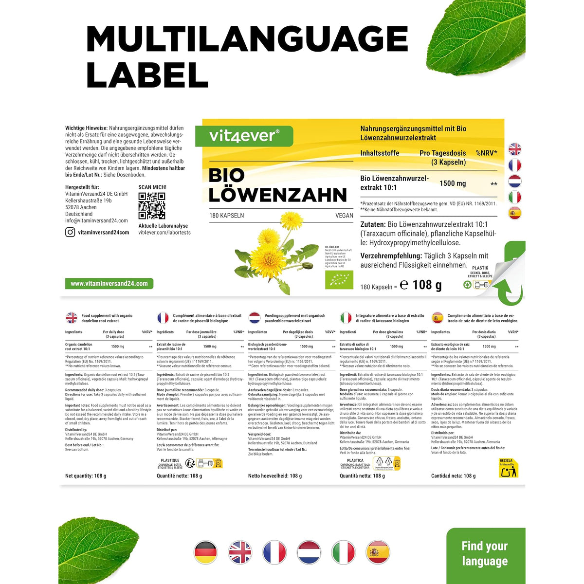 Vit4ever Bio Löwenzahnwurzel-Extrakt 10:1 240 Kapseln – Verpackung Rückseite