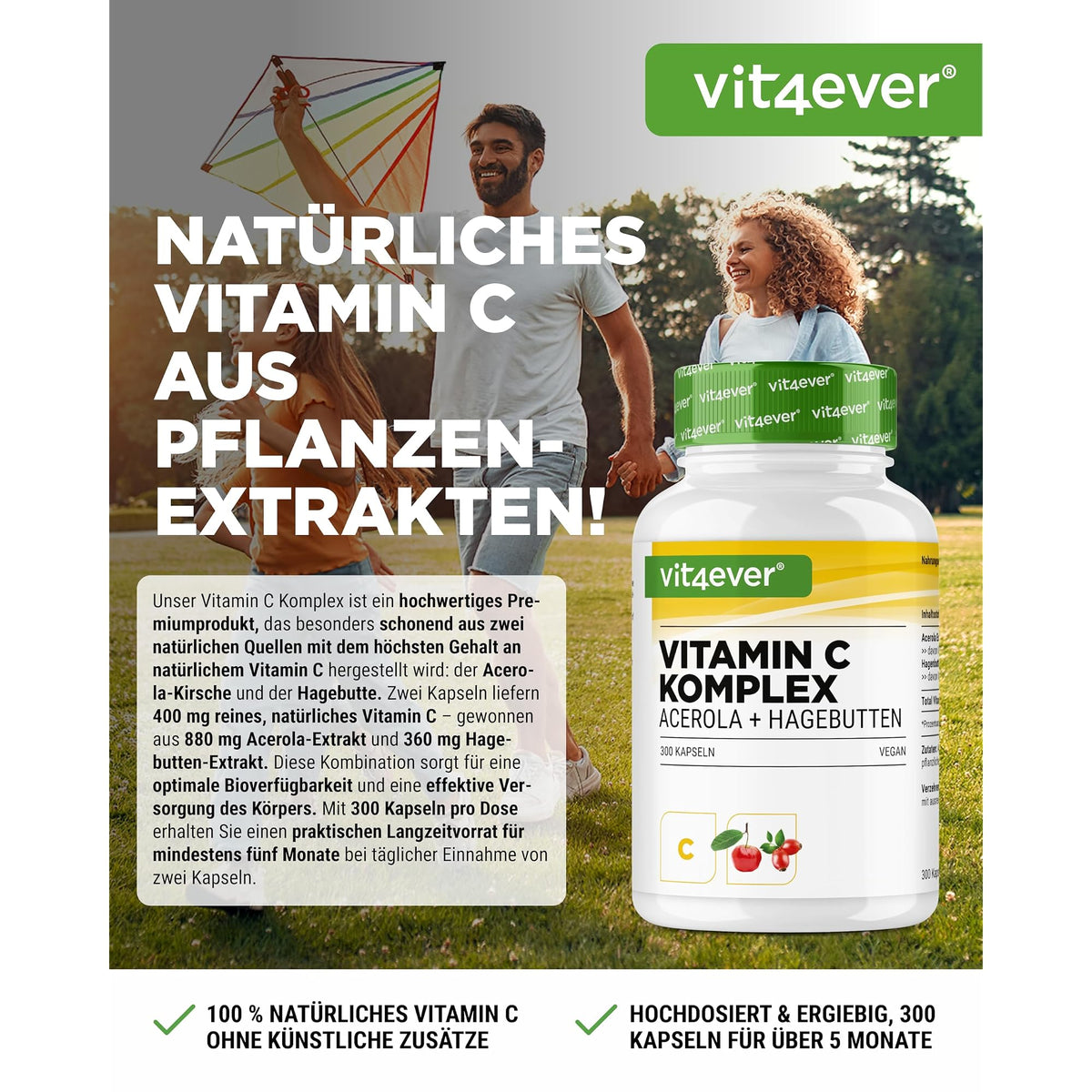 Vit4ever Vitamin C Complex (Acerola + Hagebutte) 300 Kapseln – Etikett mit Inhaltsstoffen und Dosierung